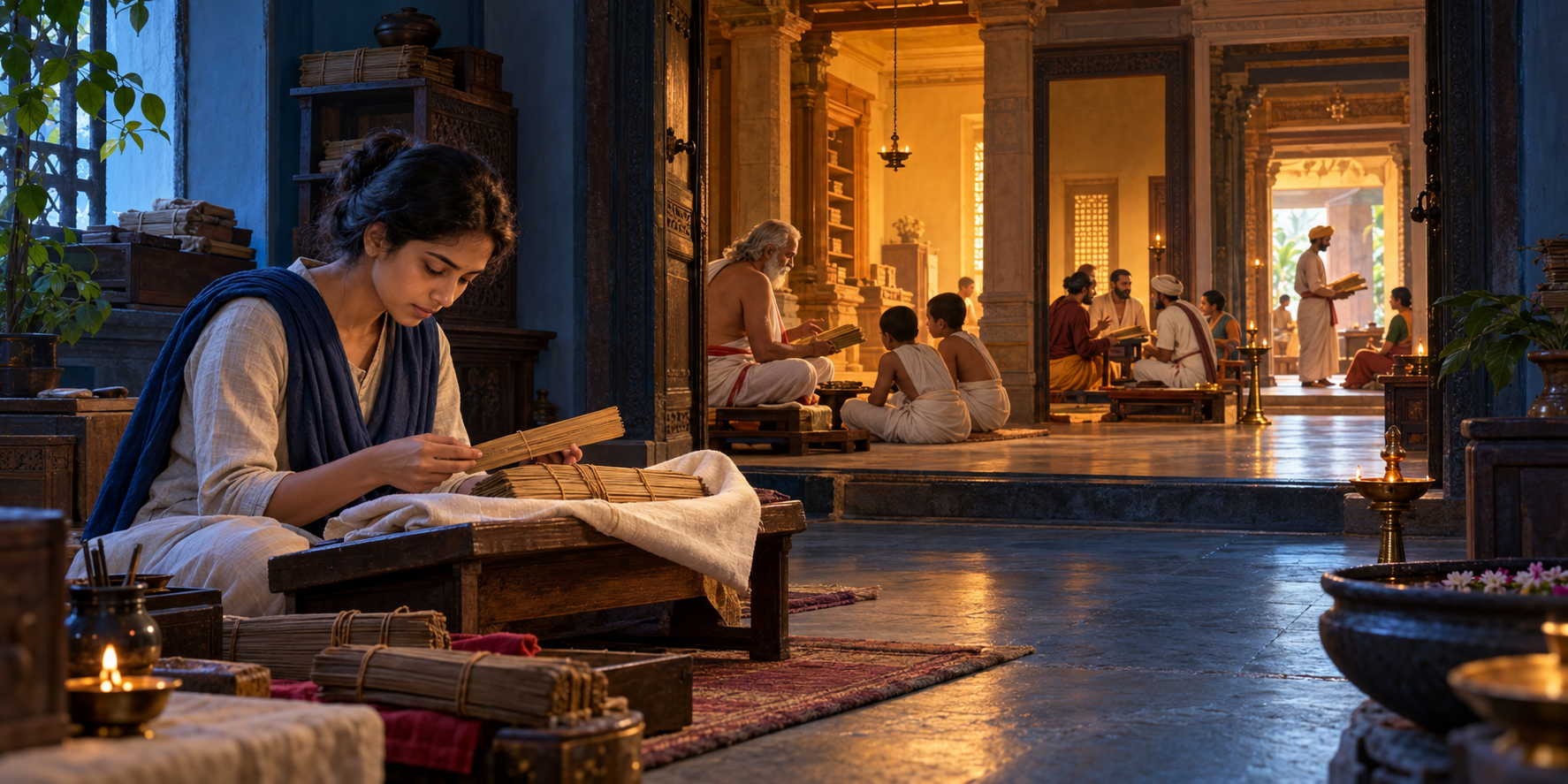 A contemporary researcher studies a palm-leaf manuscript as earlier generations of Indian scholars and practitioners appear through receding doorways.
