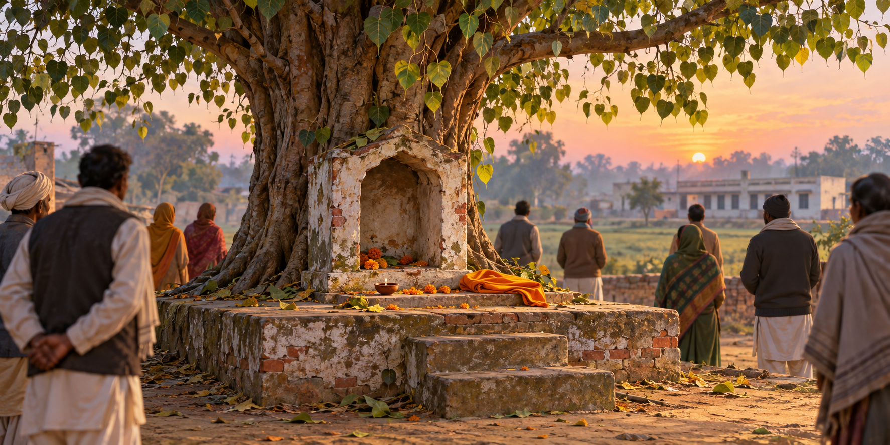 Villagers stand quietly near a vacant shrine alcove beneath a peepal tree at dawn.
