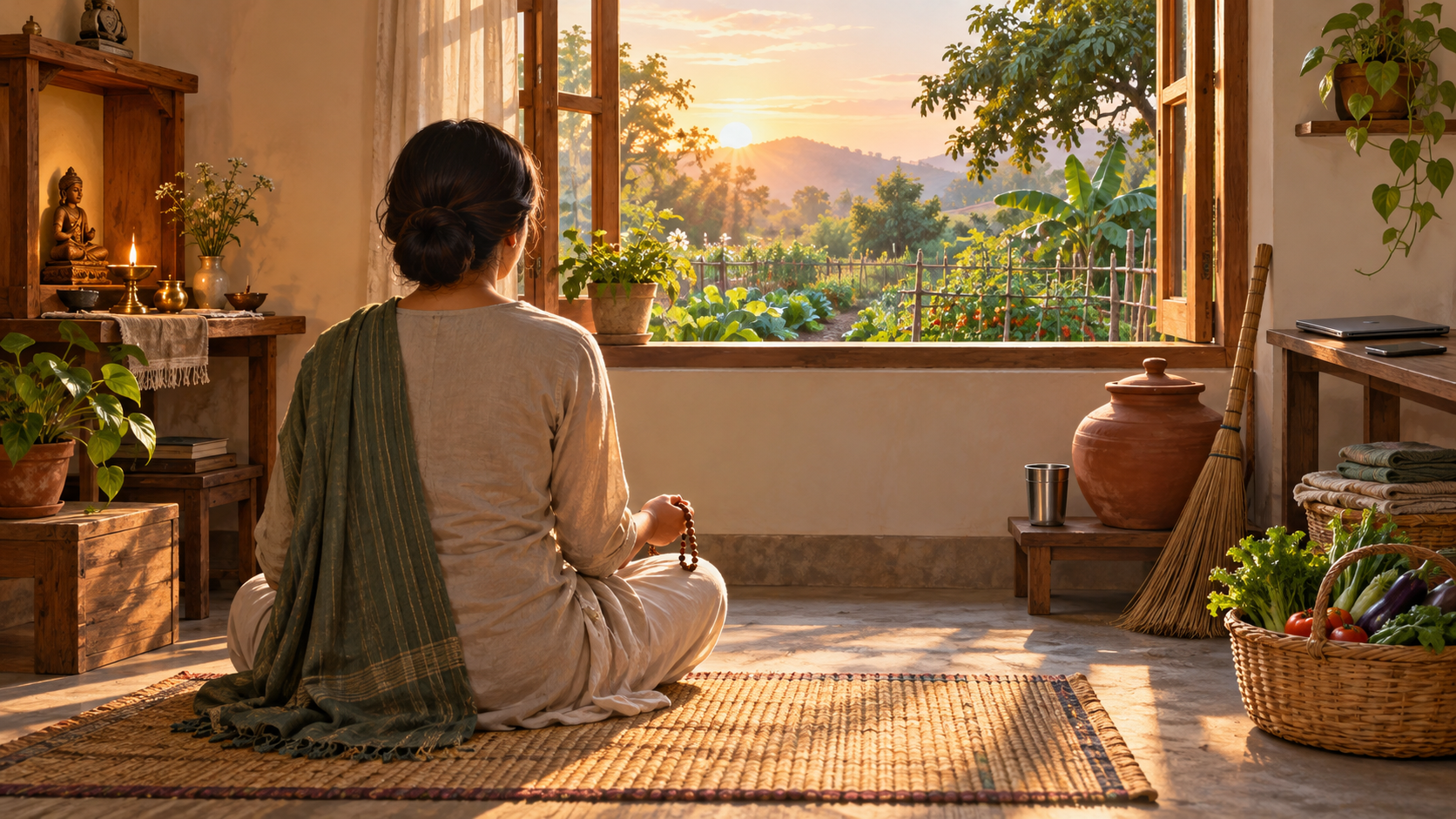 A devotee sits with prayer beads in a simple dawn-lit home overlooking a vegetable garden, with household tools and closed digital devices nearby.