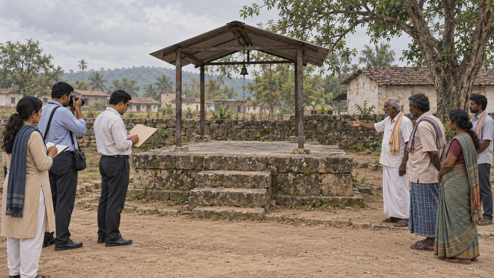 Officials and residents calmly inspect an empty village shrine platform and document the site.