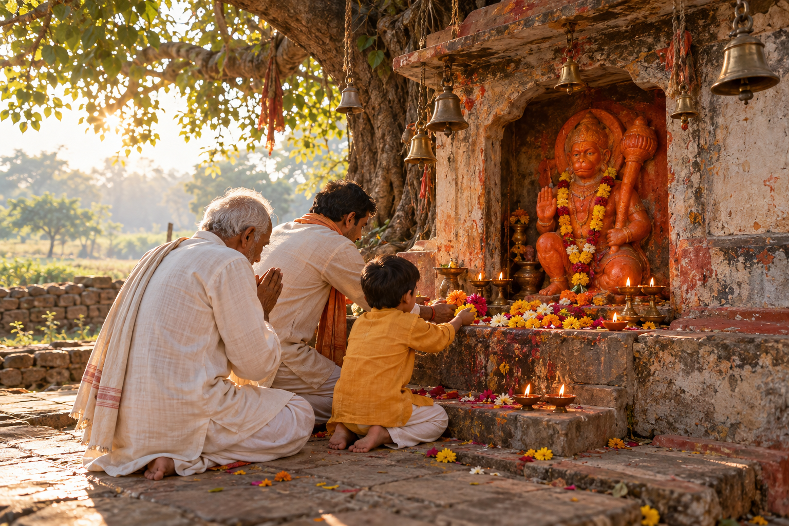 Three generations of devotees offer flowers at a weathered Hanuman shrine with lamps and bells.