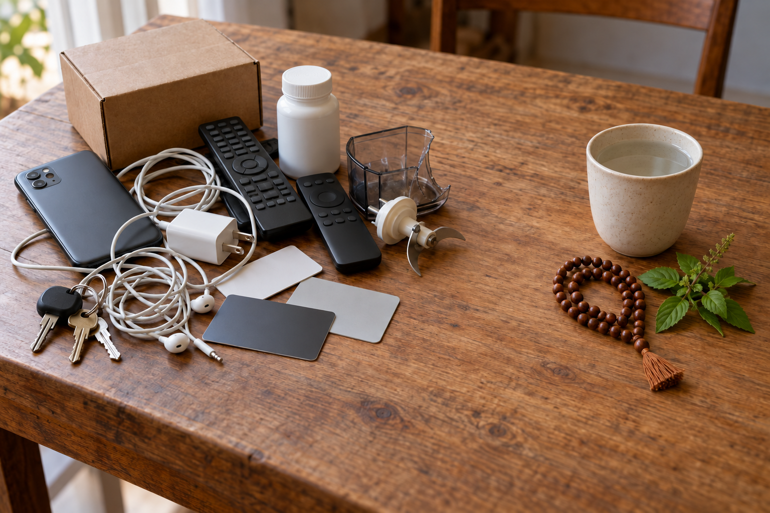 A table contrasts a crowded group of electronic accessories, cards, keys and household items with prayer beads, water and fresh leaves in an open space.