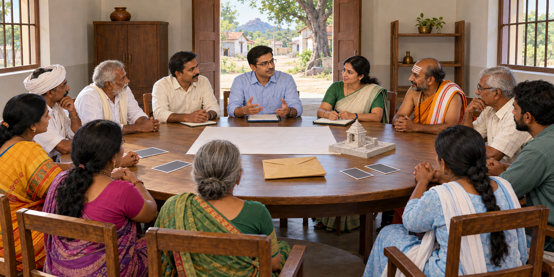 Village residents, a priest, and local officials take part in a calm round-table consultation.