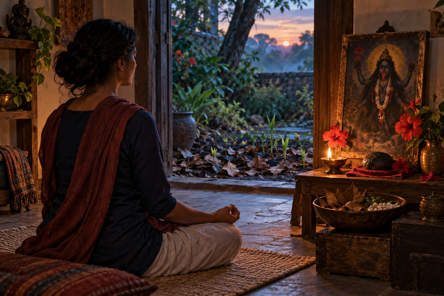 A person meditates before a small Kali shrine with an oil lamp, hibiscus flowers, dry leaves, and seeds as dawn enters through a doorway.