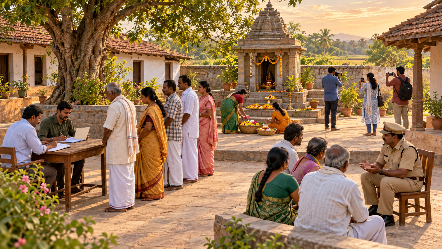 Devotees calmly document a shrine site and speak with an official in a village courtyard.