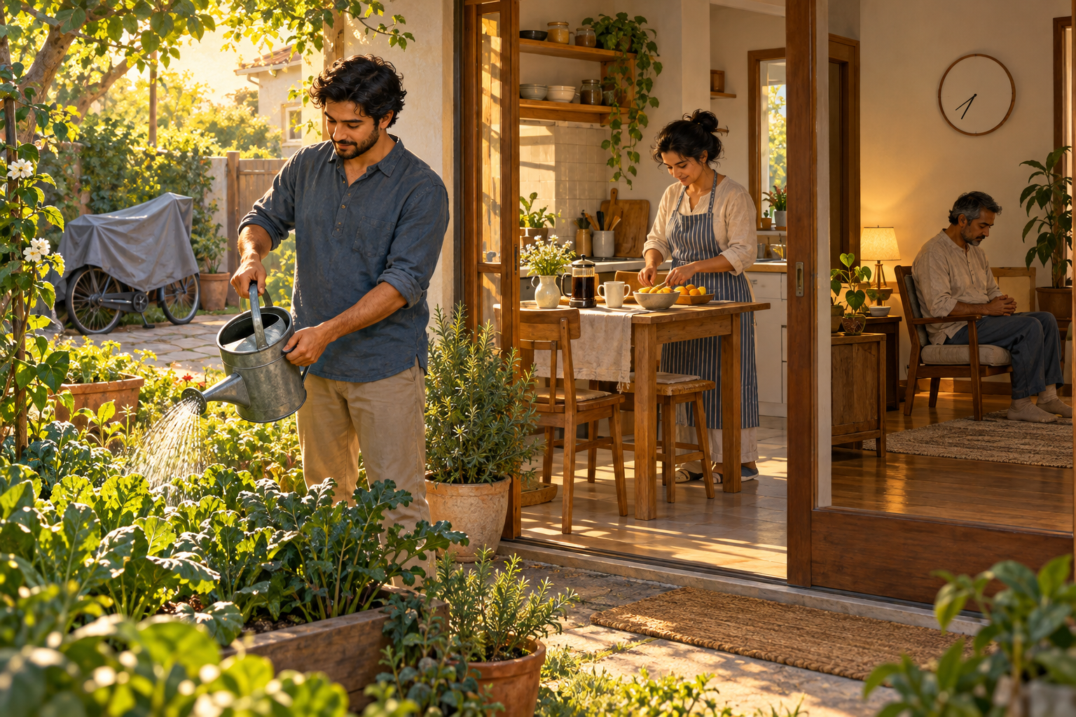 Household members pray, prepare breakfast and water a garden during a calm morning routine in a modest home.