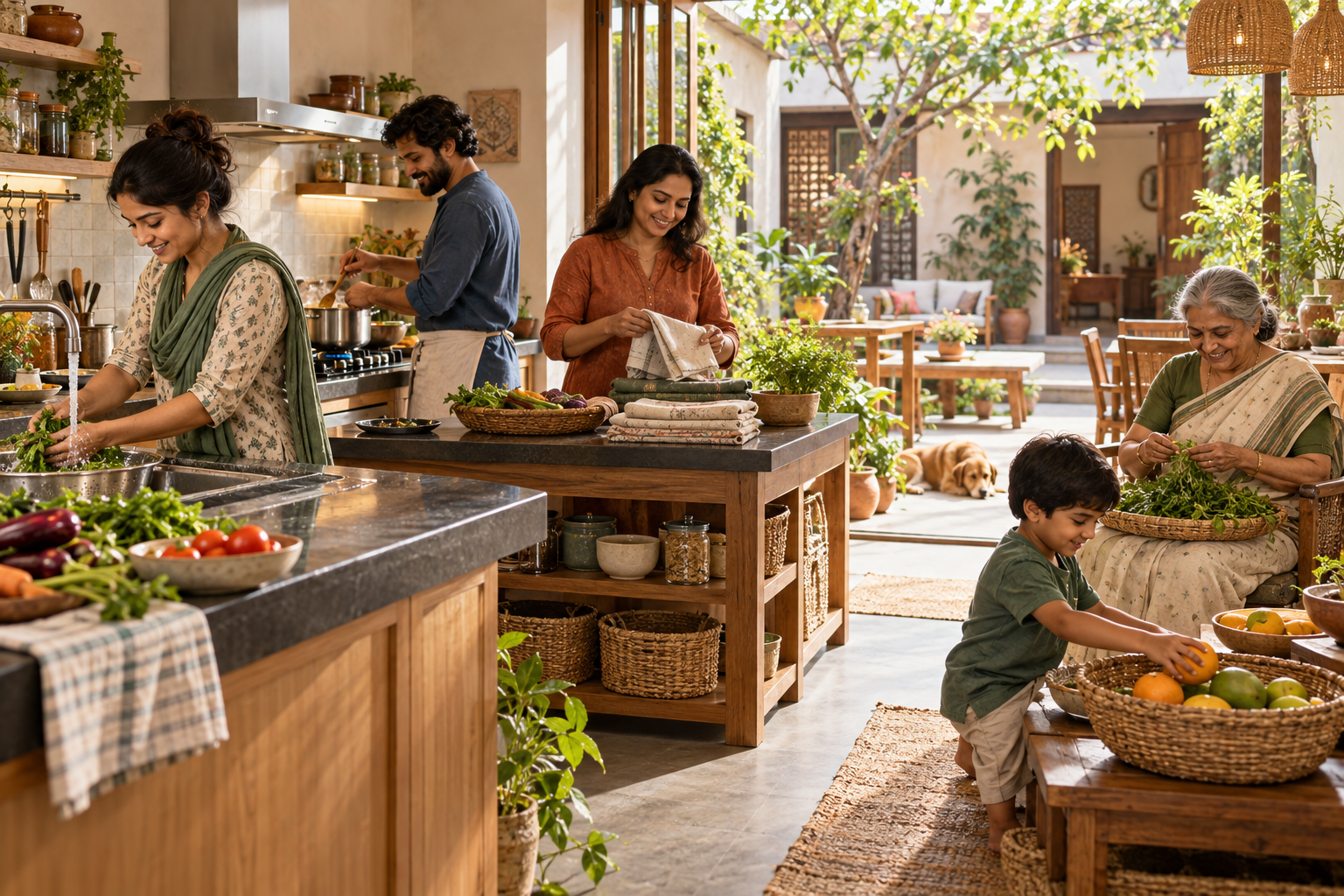 Four generations share vegetable preparation, cooking, cloth folding and herb sorting in a bright kitchen and courtyard.