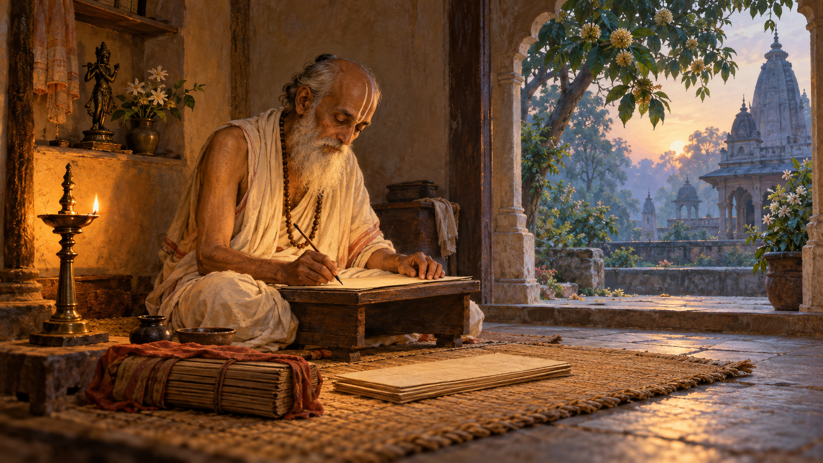 An elderly Vaishnava scholar sits on a woven mat and writes a manuscript by an oil lamp in a simple Vrindavan room at dawn.