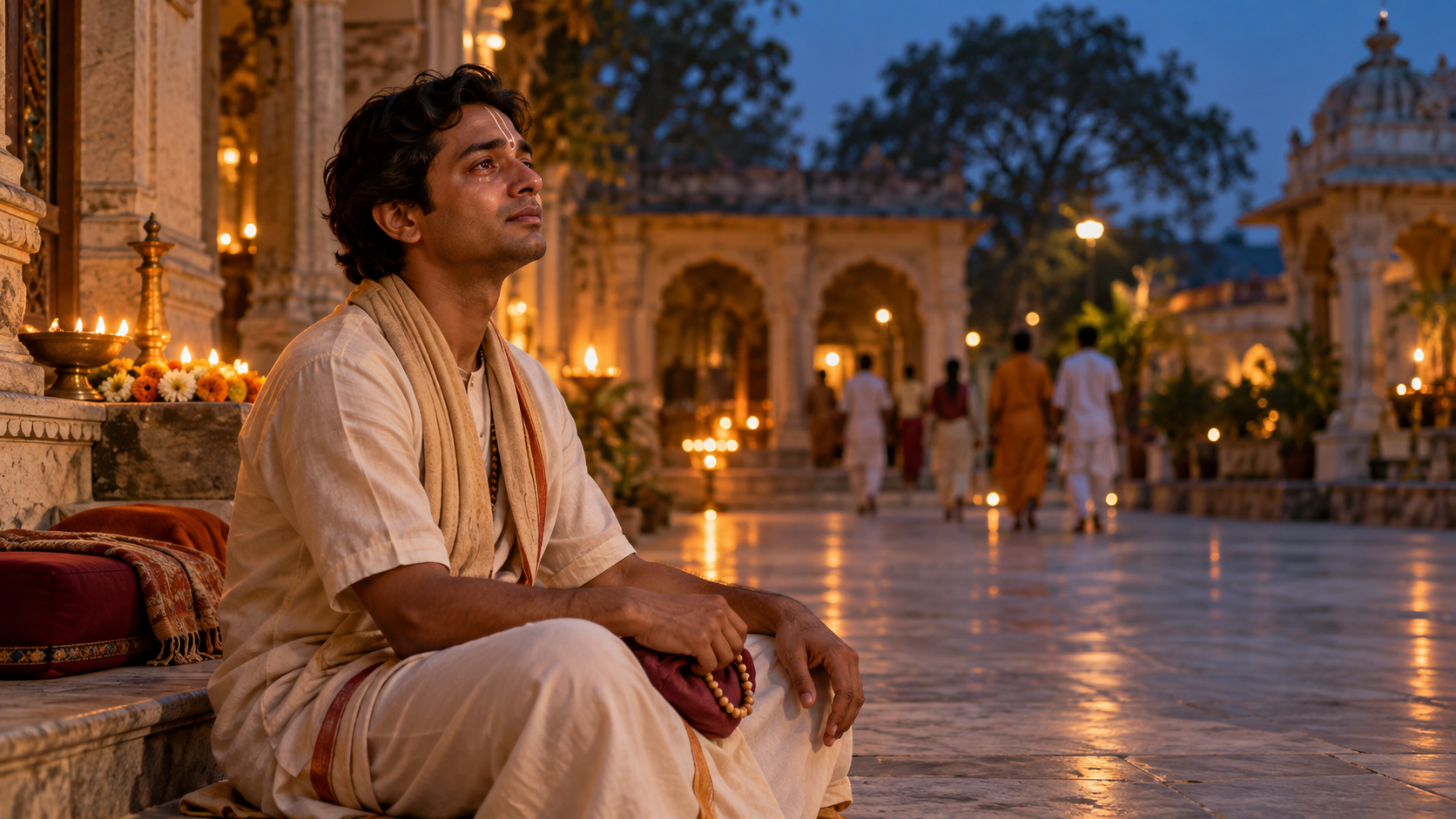 A male devotee sits quietly with prayer beads in a lamp-lit temple courtyard after kirtana, his eyes moist and an empty cushion visible behind him.