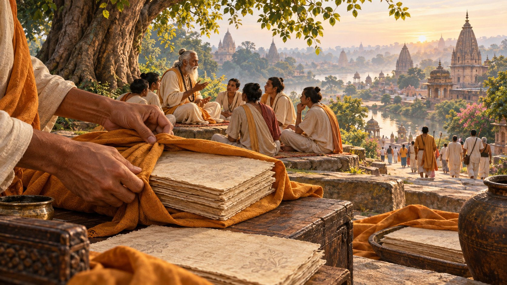 Hands wrap manuscript folios in cloth while an elderly Vaishnava teacher instructs students beneath a tree in Vrindavan.