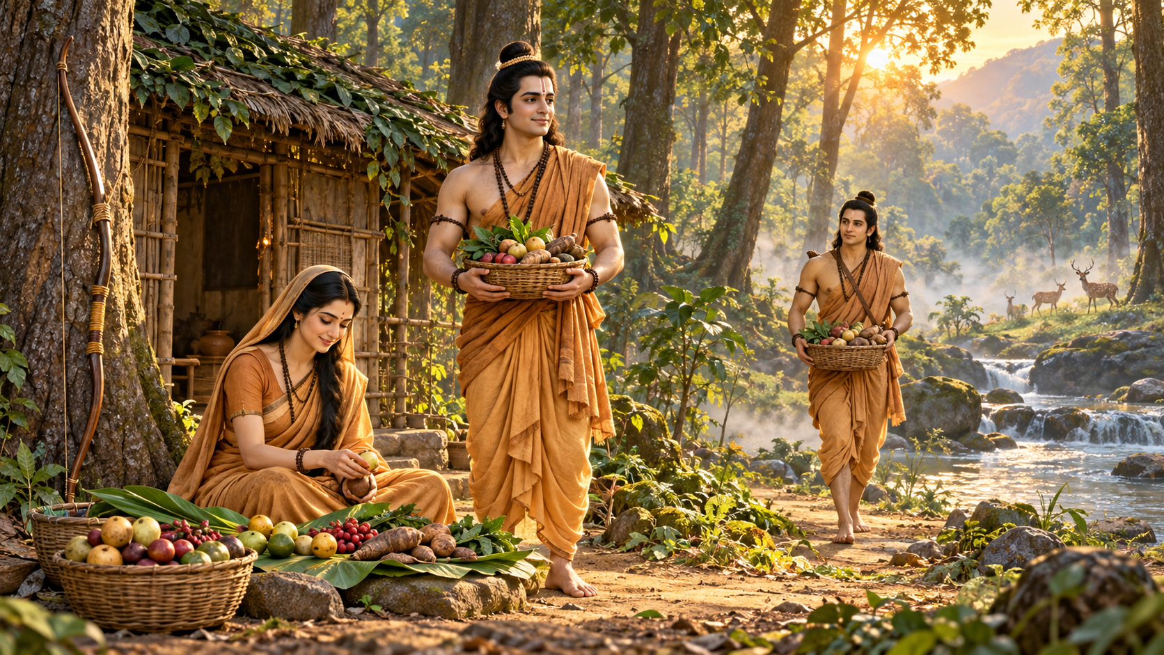 Rama, Sita, and Lakshmana gather fruits, roots, and tubers beside a simple forest hermitage at sunrise.