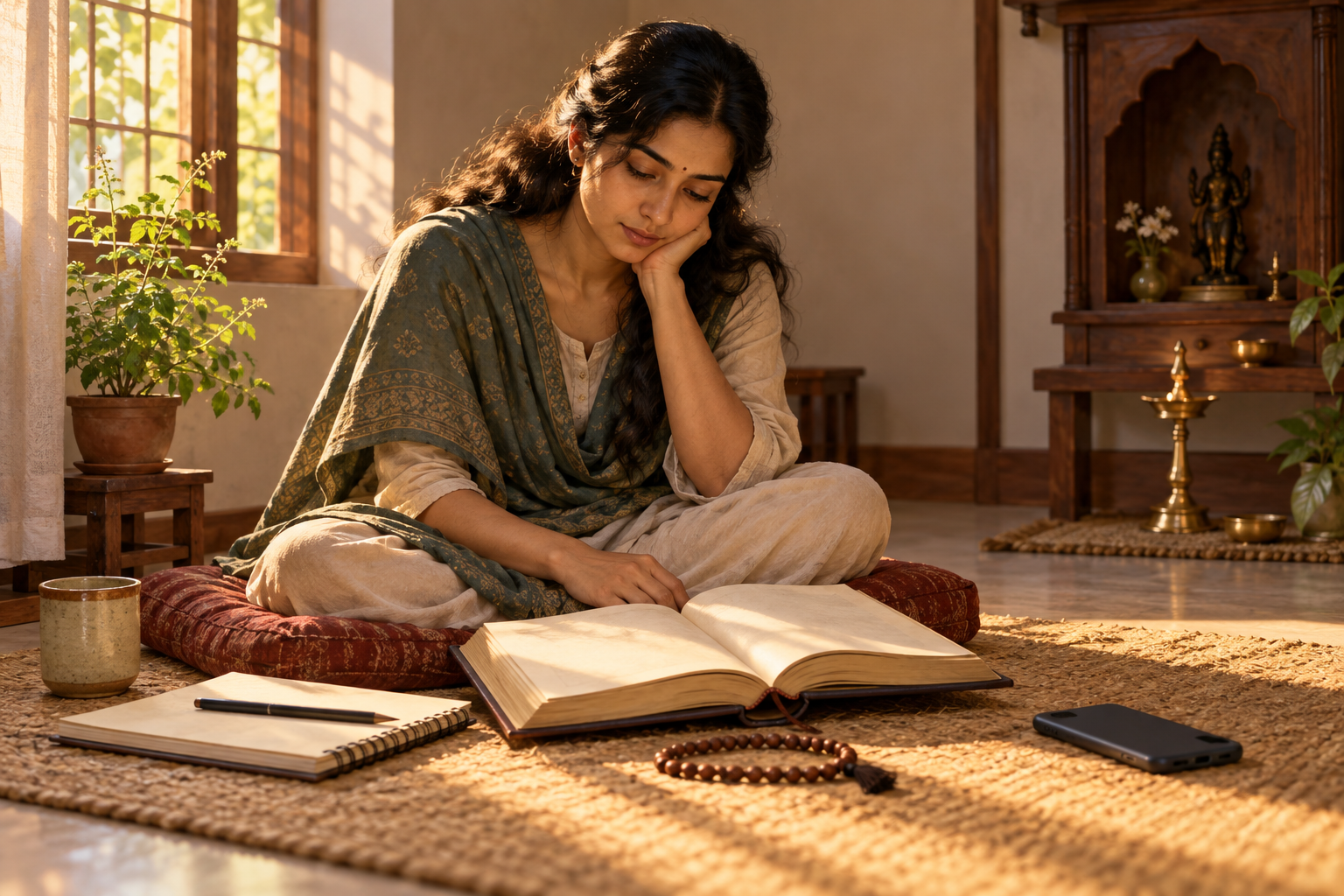 A practitioner pauses thoughtfully over an open devotional book beside prayer beads, a notebook, and a face-down phone.