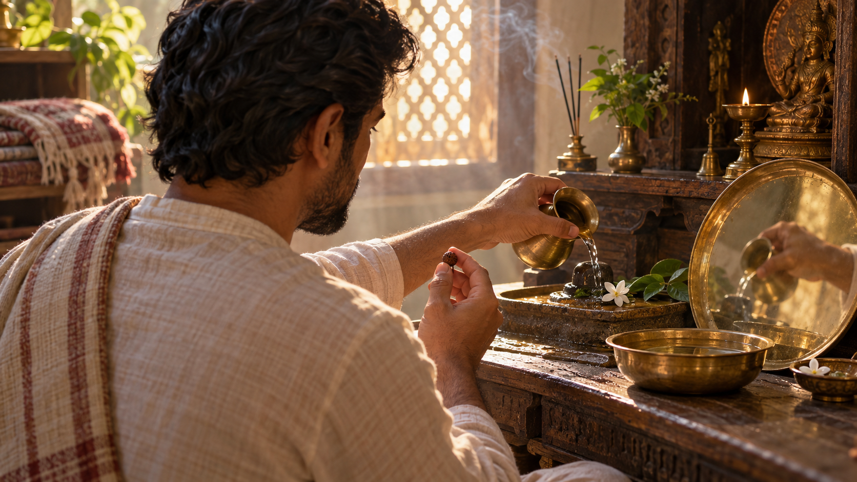 A man at a home shrine holds a wooden prayer bead while offering water and a flower in the early morning light.