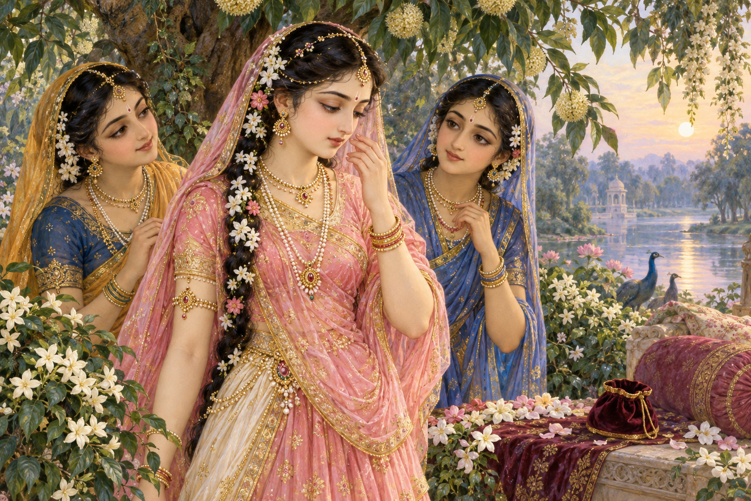 Sri Radha touches the side of her nose beneath a flowering tree while two companions stand nearby in a Vrindavan grove.