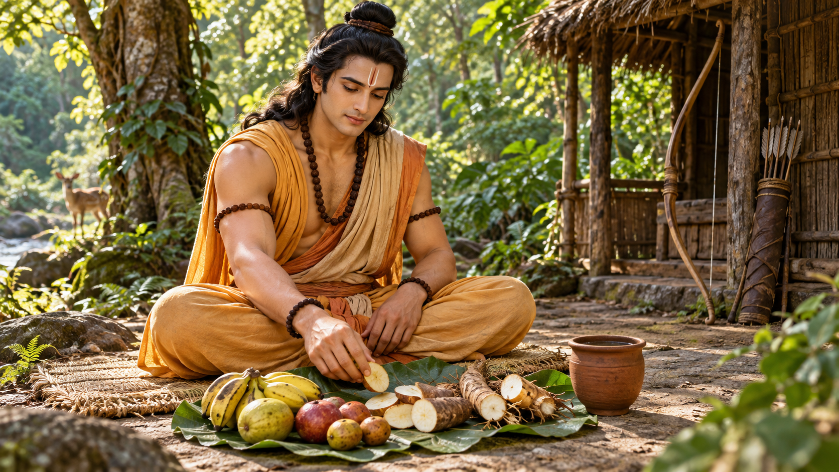 Rama sits outside a forest hermitage with a simple meal of fruits, roots, tubers, and water arranged on leaves.