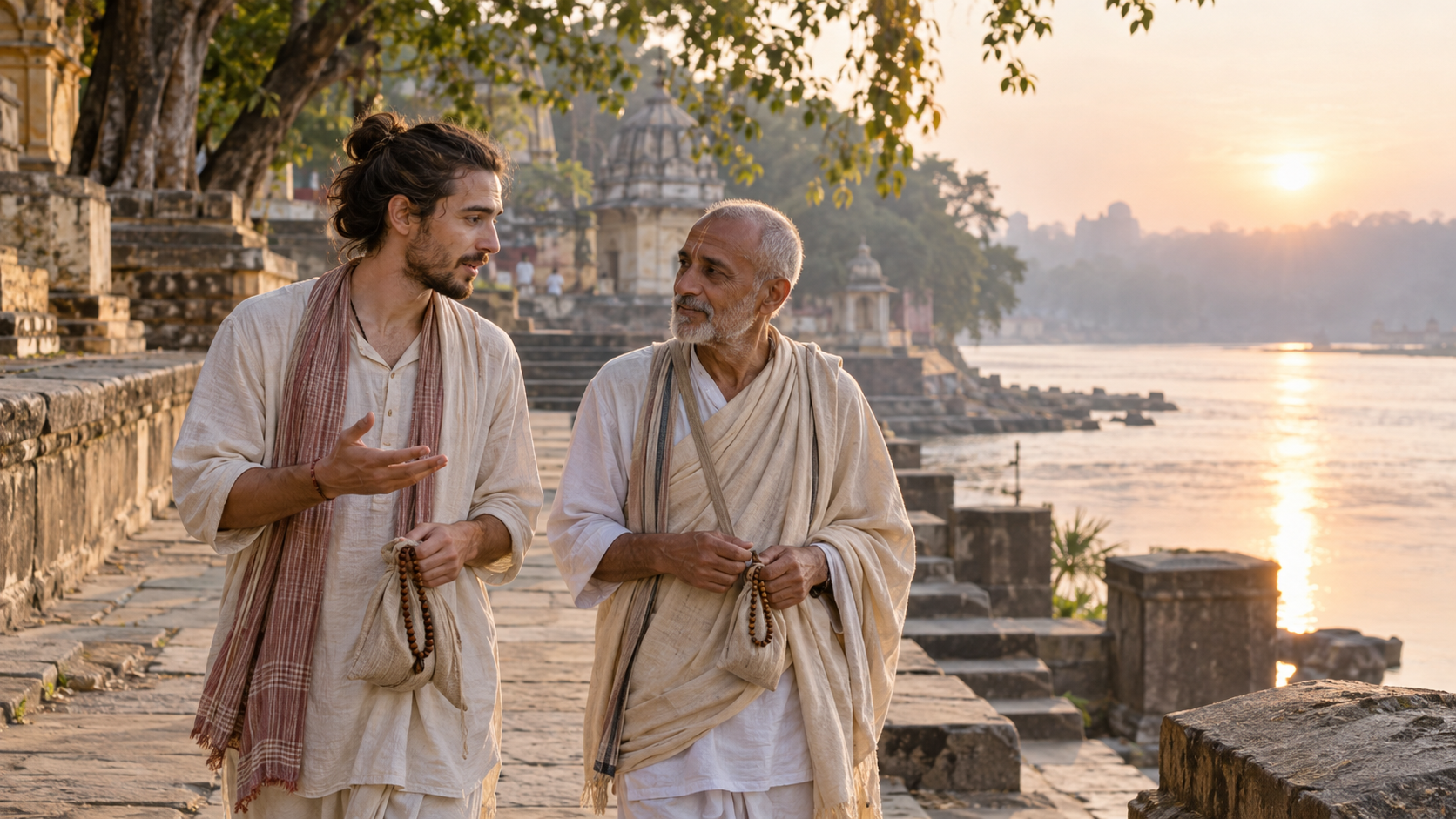 Two male devotees walk beside a river at sunrise as one speaks and the other listens attentively.