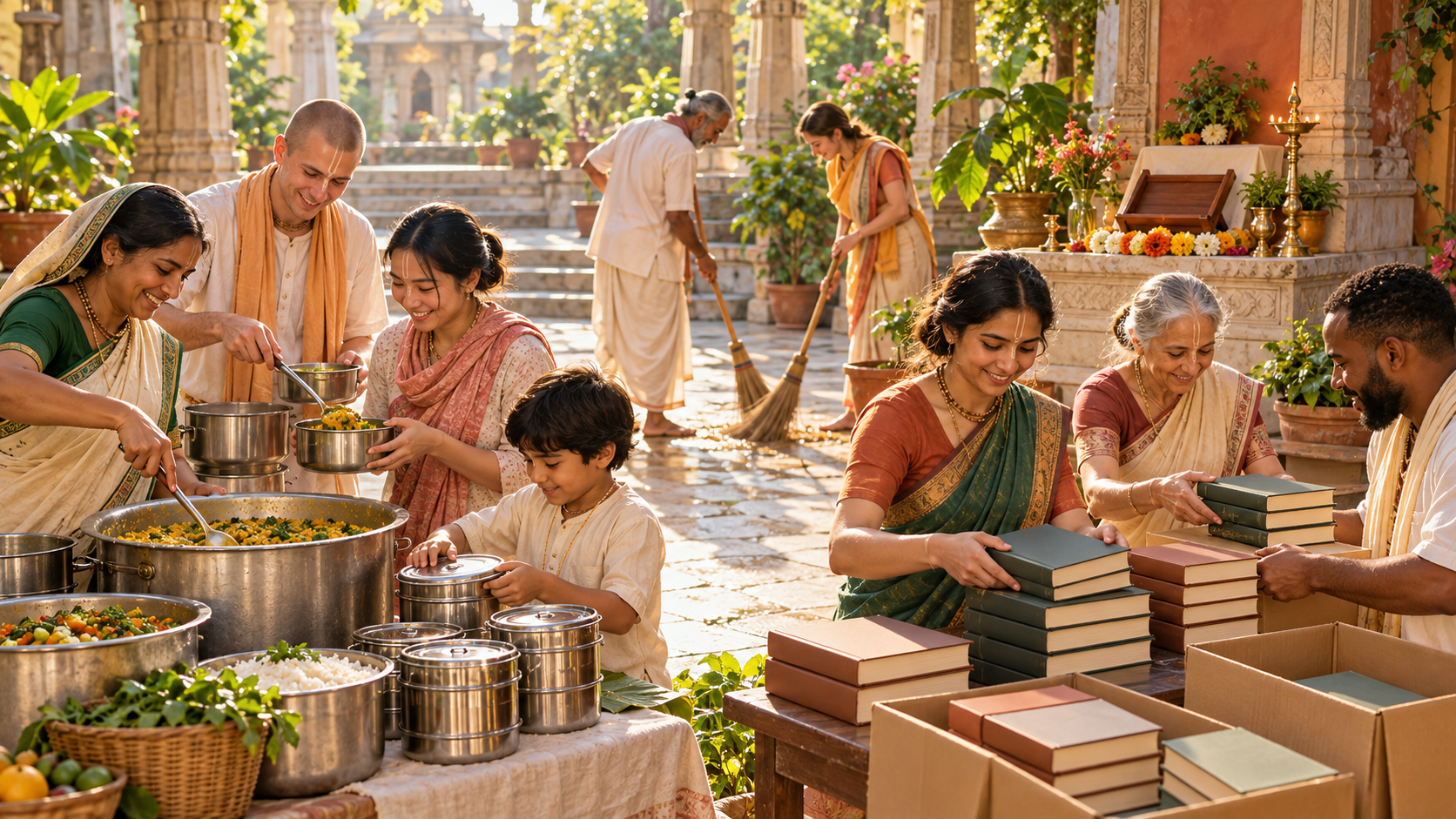 Devotees prepare food, arrange books, and sweep a temple courtyard near a flower-covered remembrance altar.