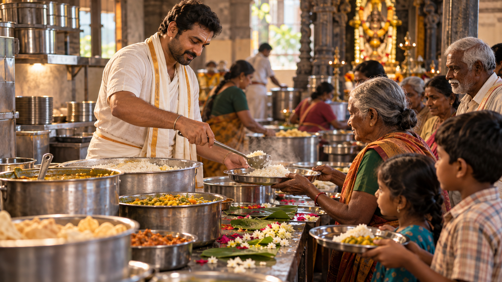 A male devotee serves food from a large vessel to elders and children in a warm temple kitchen.