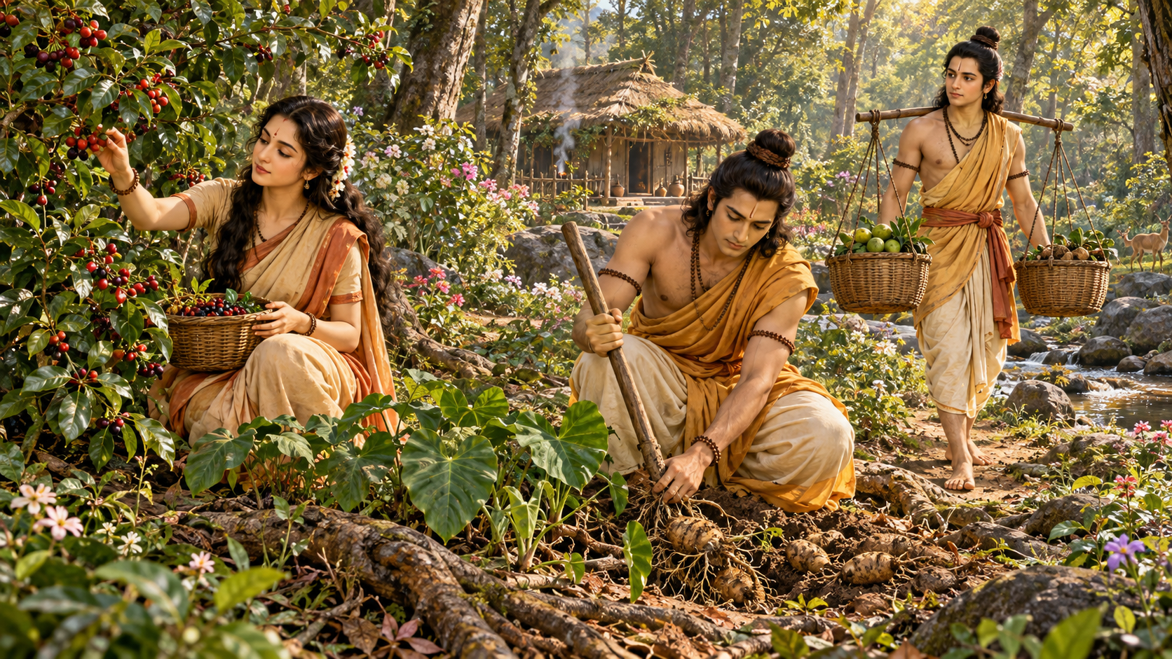 Sita, Rama, and Lakshmana collect berries, fruit, roots, and tubers in a forest near their hermitage.
