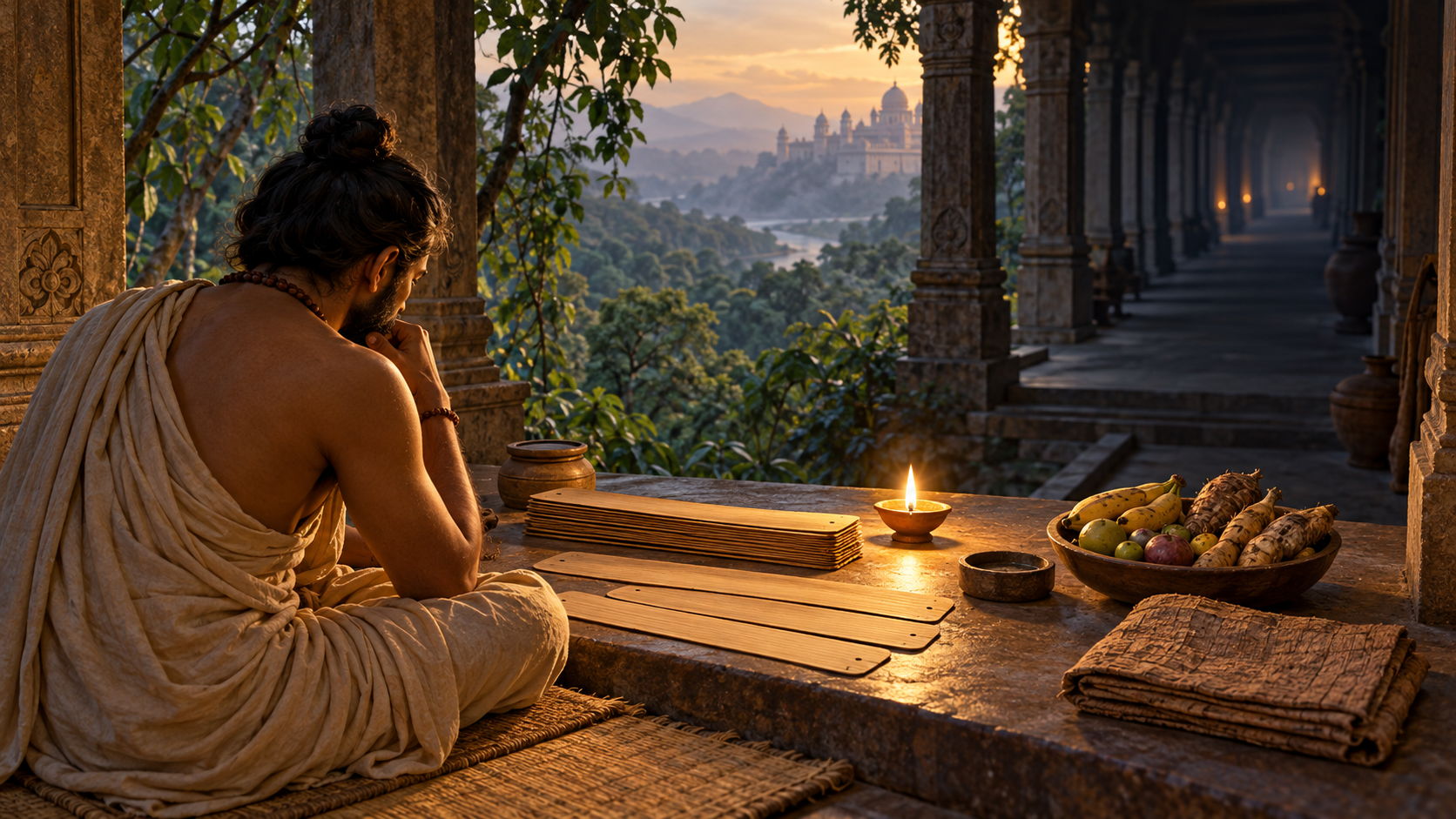 A scholar studies blank palm-leaf folios beside forest foods and bark cloth while a distant palace fades into shadow.