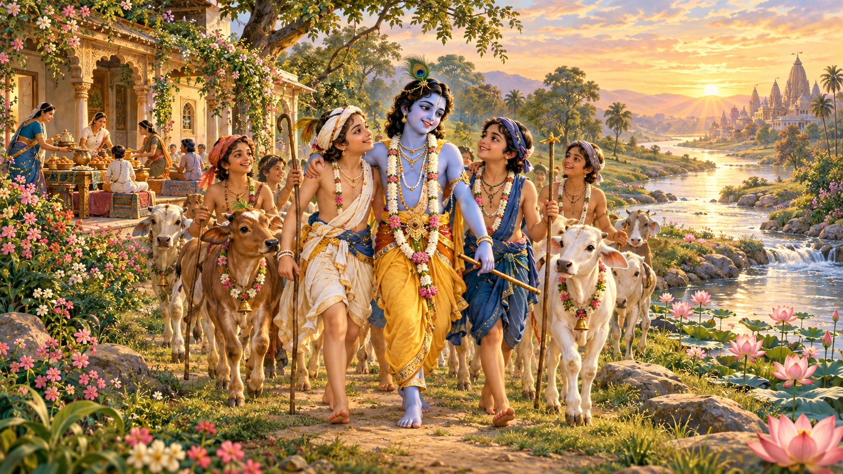 Krishna walks protectively with cowherd companions and calves beside a river, with a comfortable ancient Indian residence and gardens in the surrounding landscape.