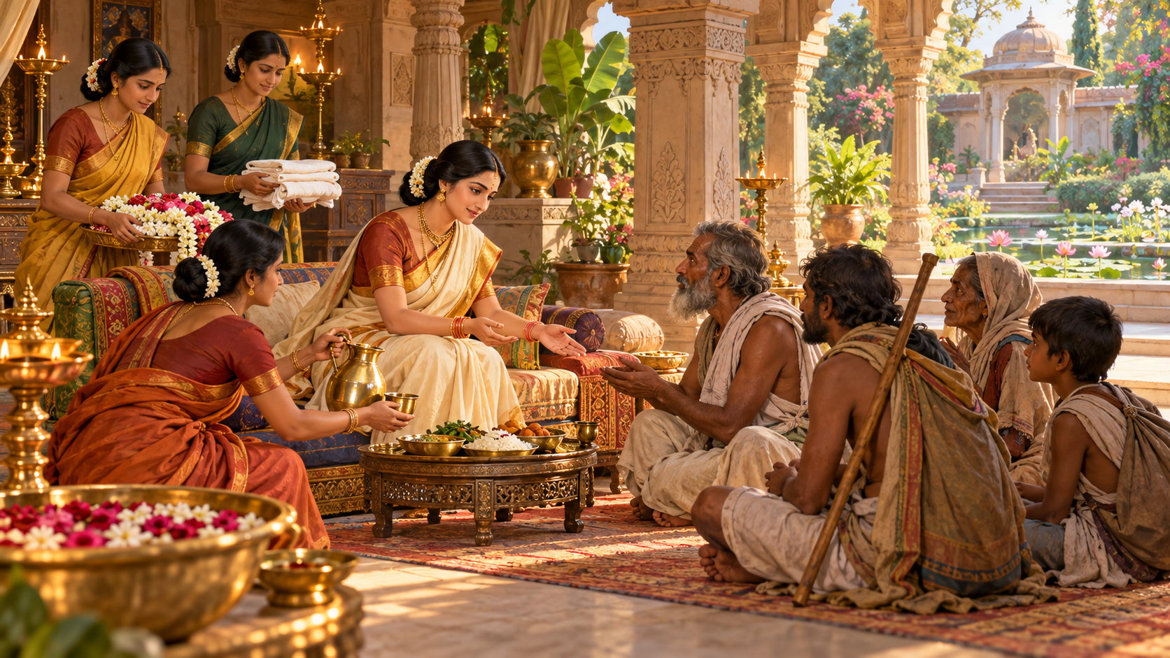 A woman and attendants use the comforts of an elegant ancient Indian residence to offer food, water and hospitality to guests.