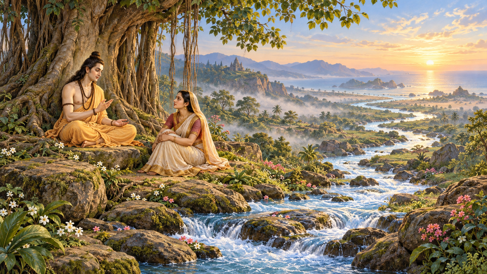 A spiritual teacher instructs an attentive woman beneath a banyan tree as an unbroken stream flows toward a luminous sea.
