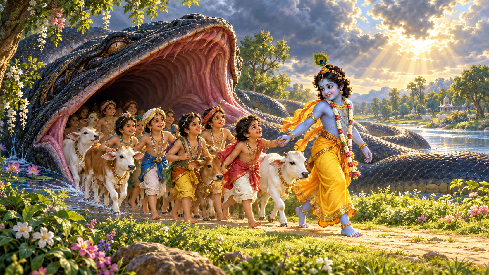 Krishna leads cowherd boys and calves safely out of the mouth of a defeated giant serpent in a forest clearing.