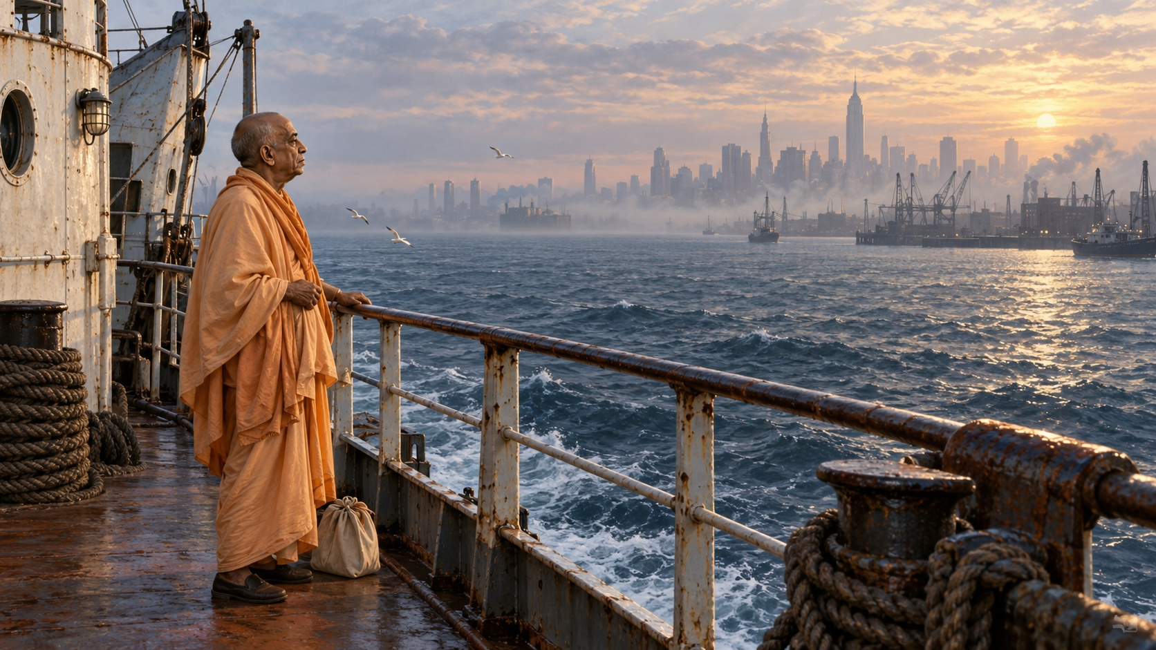 An elderly Vaishnava monk in saffron robes stands on the deck of a cargo ship and looks across the water toward a misty American harbor.