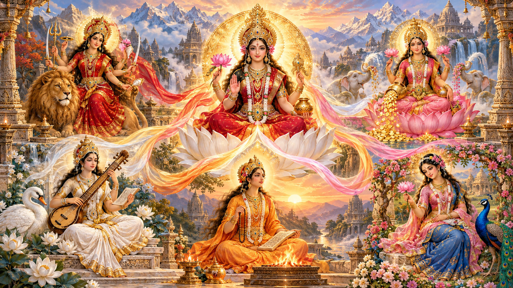 A central radiant Divine Mother on a lotus is surrounded by five luminous forms associated with Durga, Lakshmi, Saraswati, Savitri, and Radha.