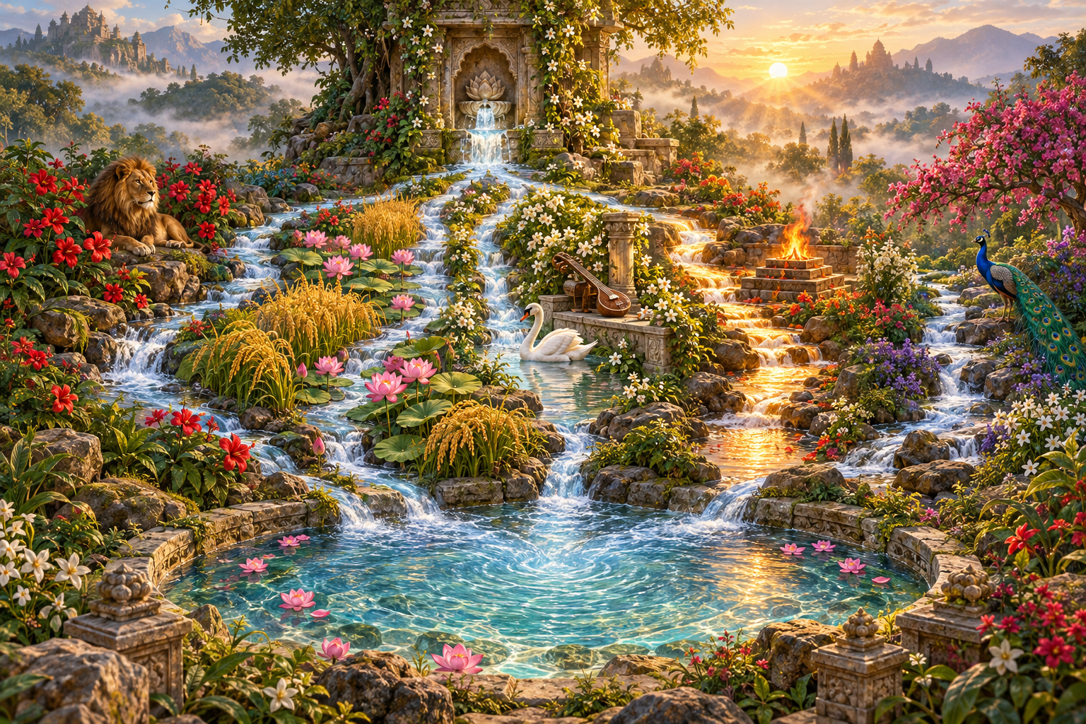 Five streams marked by a lion, lotuses, a swan and veena, a ritual fire, and a peacock flow from one sacred spring and meet in a single pool.