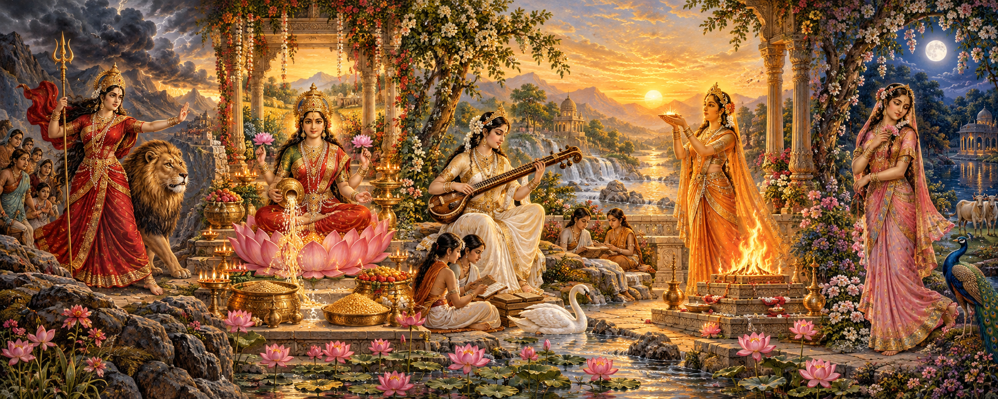 A unified five-part scene shows Durga protecting, Lakshmi sustaining abundance, Saraswati teaching, Savitri tending sacred fire, and Radha in a flowering grove.