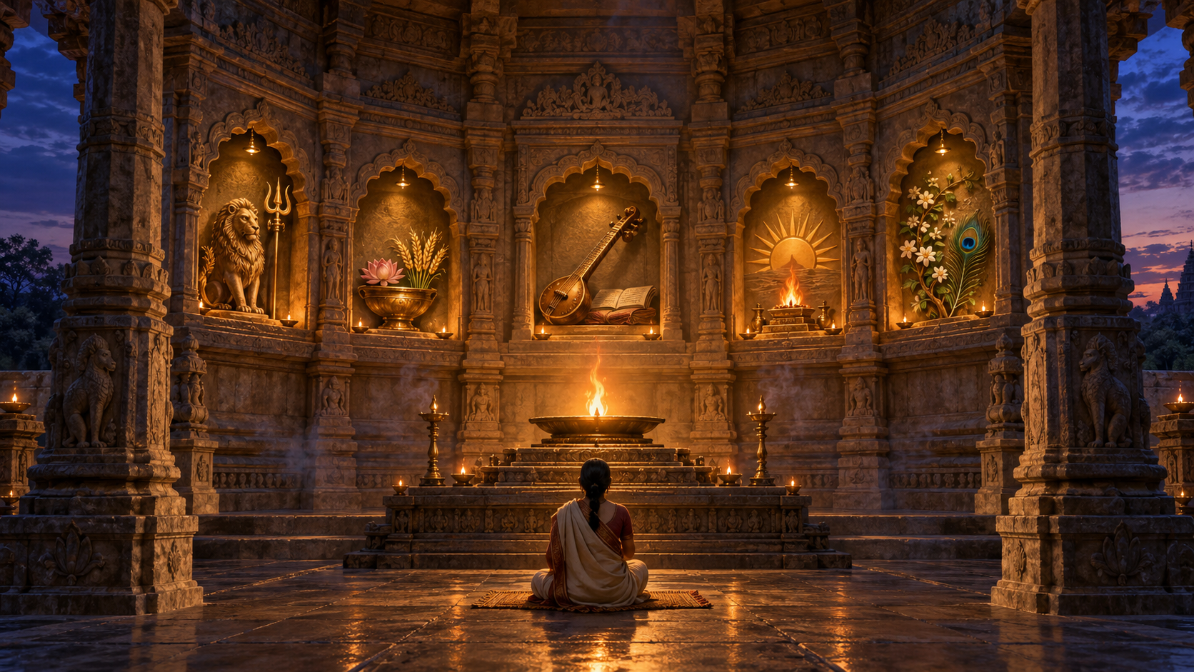 A devotee meditates before one central flame in a temple surrounded by five niches holding a lion and trident, grain and lotus, veena, ritual fire, and flowering vine.