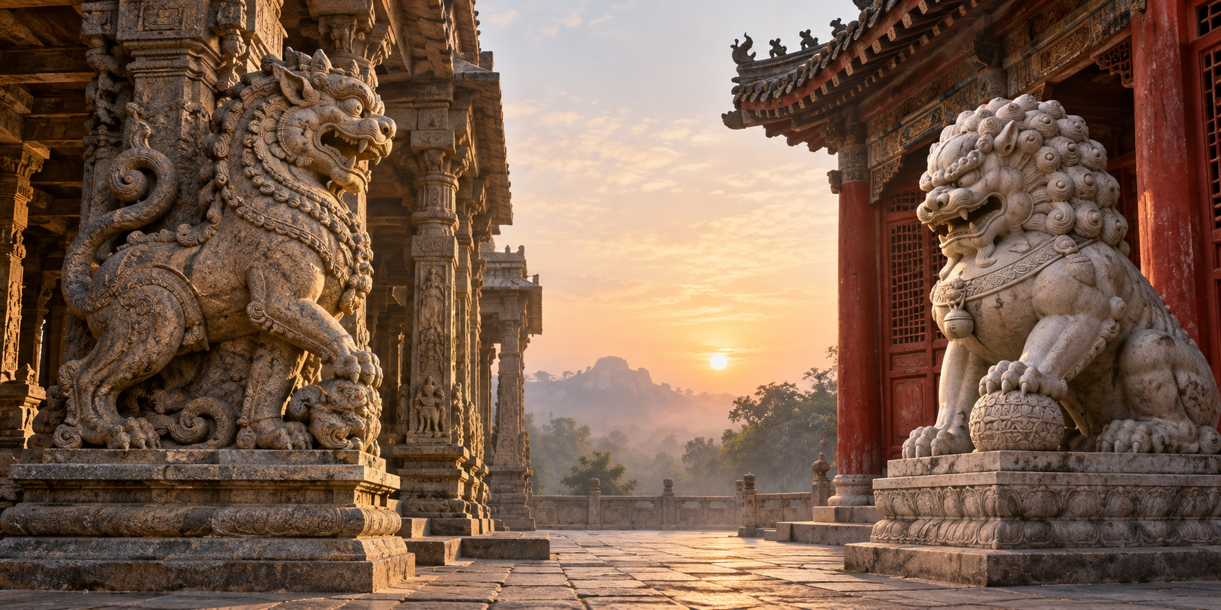A granite Yali on a South Indian temple pillar shown beside a stone Chinese guardian lion at a traditional hall entrance, with the two architectural settings kept visually separate.