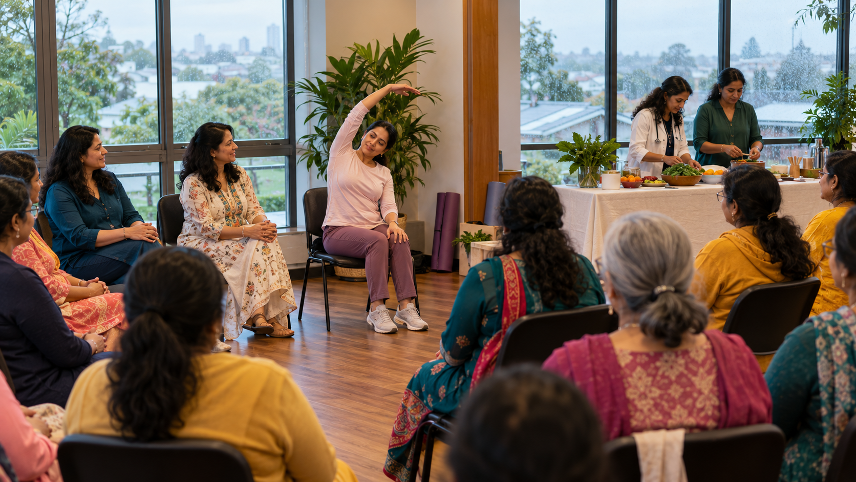 Women of different ages attend a health seminar with female specialists in a bright Auckland community hall.