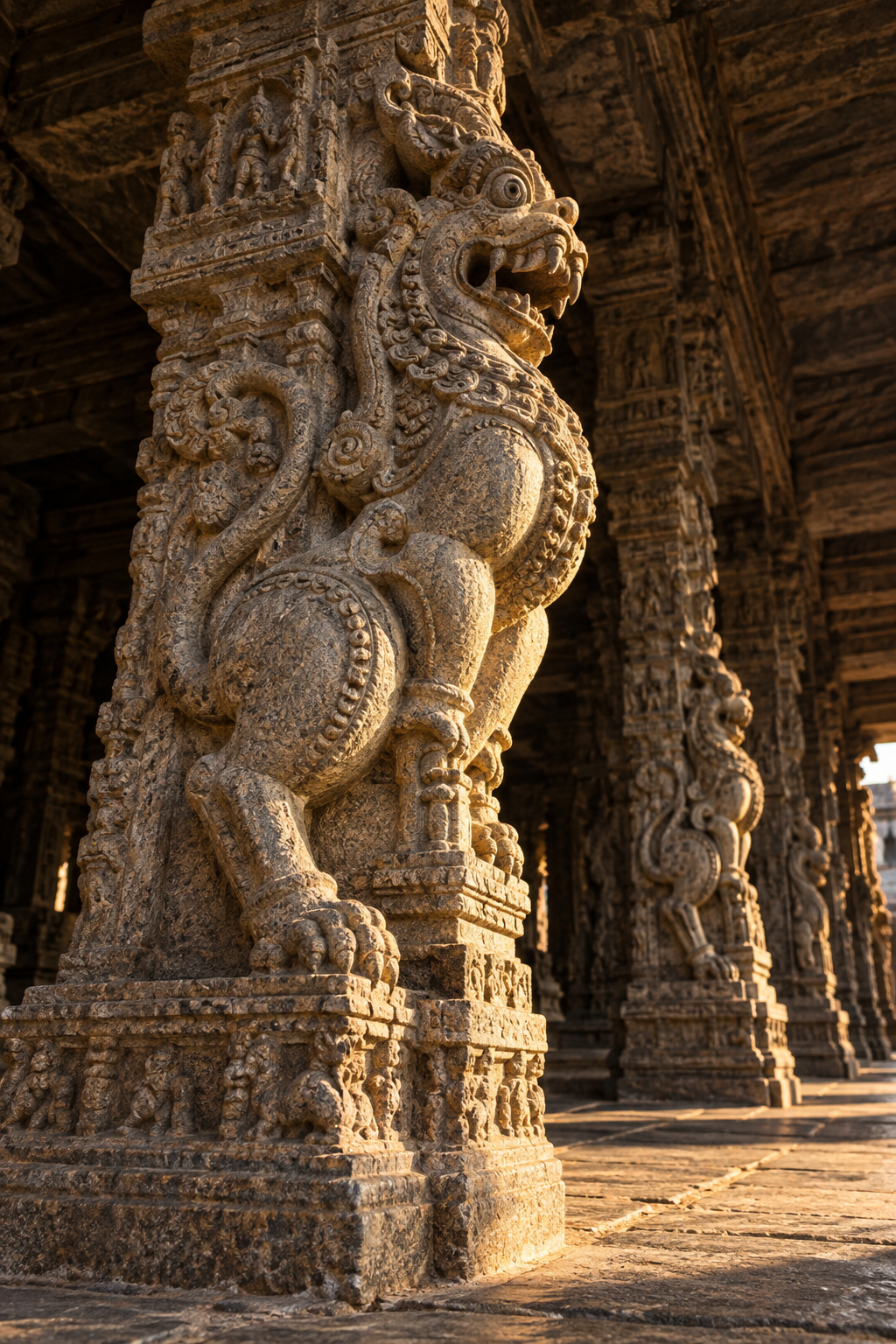 A composite Yali carved into a granite pillar inside a South Indian temple hall, lit from the side to reveal its open jaws and sculpted details.