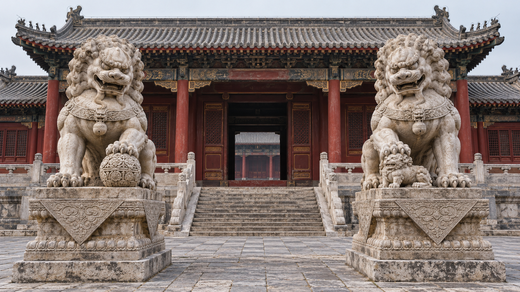A pair of carved Chinese guardian lions stands on pedestals at either side of a traditional hall entrance, one with a sphere and the other with a cub.
