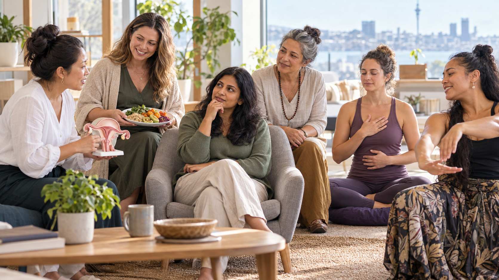 An attendee speaks with five women representing clinical care, nutrition, holistic health, yoga and dance-based movement.