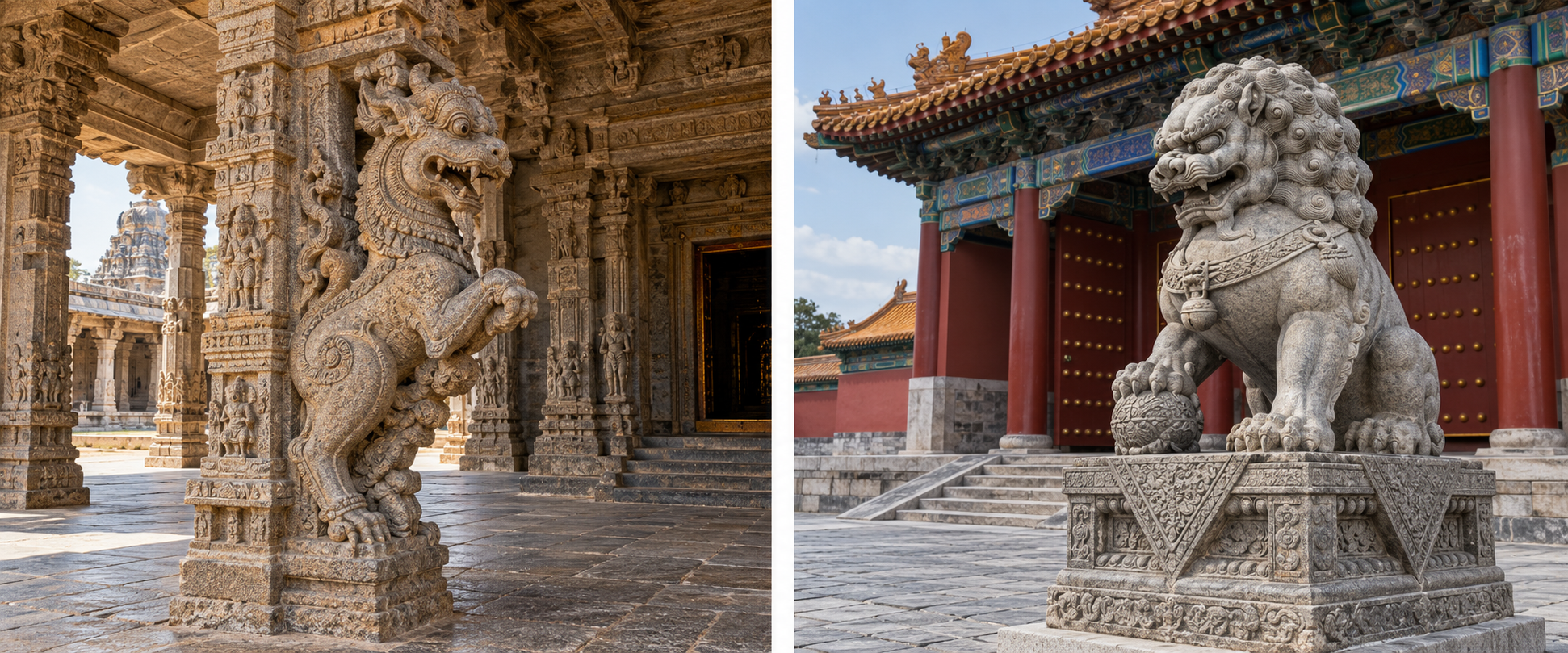 Separate views show a temple-pillar Yali and a pedestal-mounted Chinese guardian lion together with the architectural boundaries each figure guards.