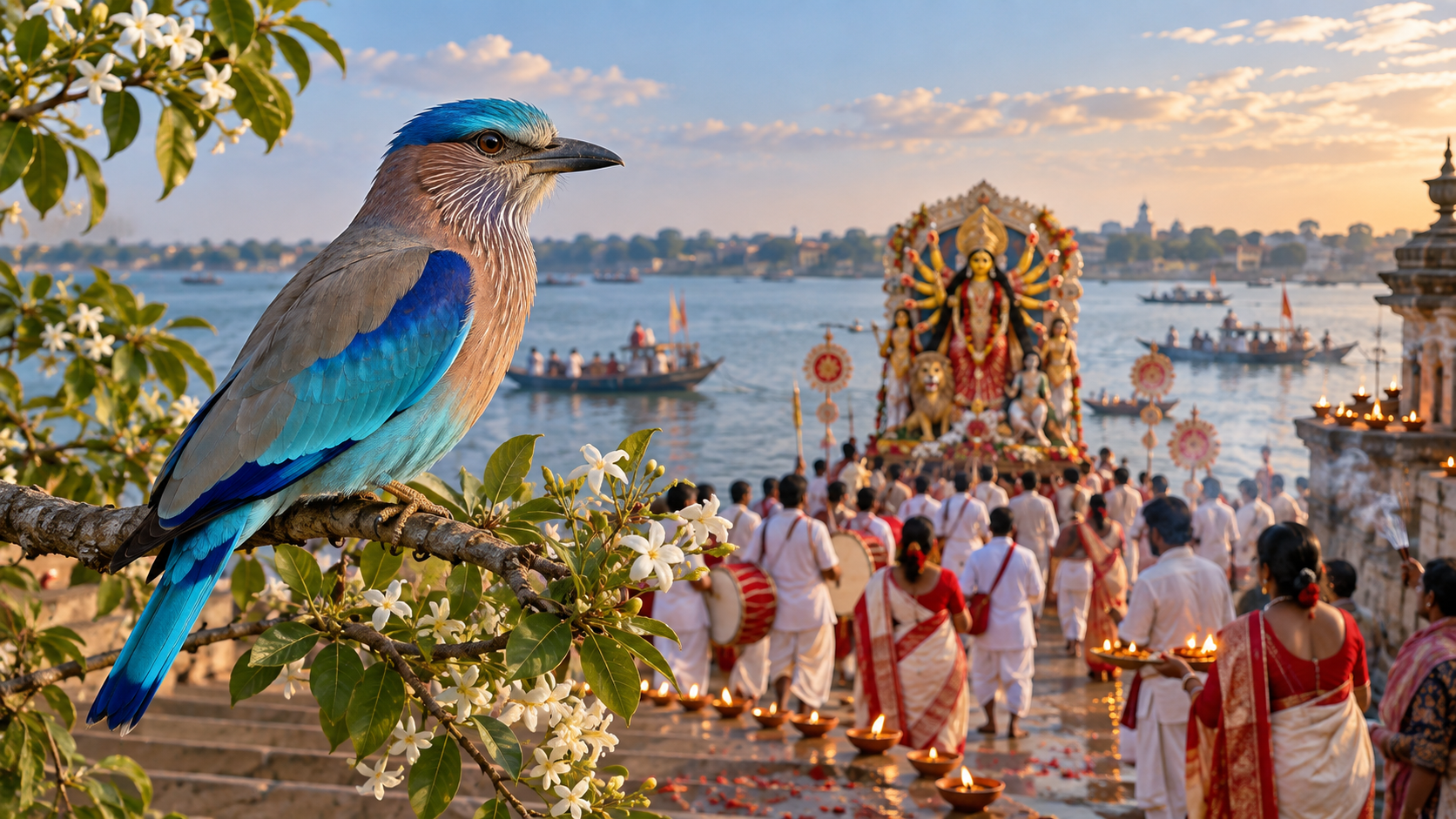 A free Indian roller perches above a riverbank while a Durga Puja Dashami procession approaches the water in the background.