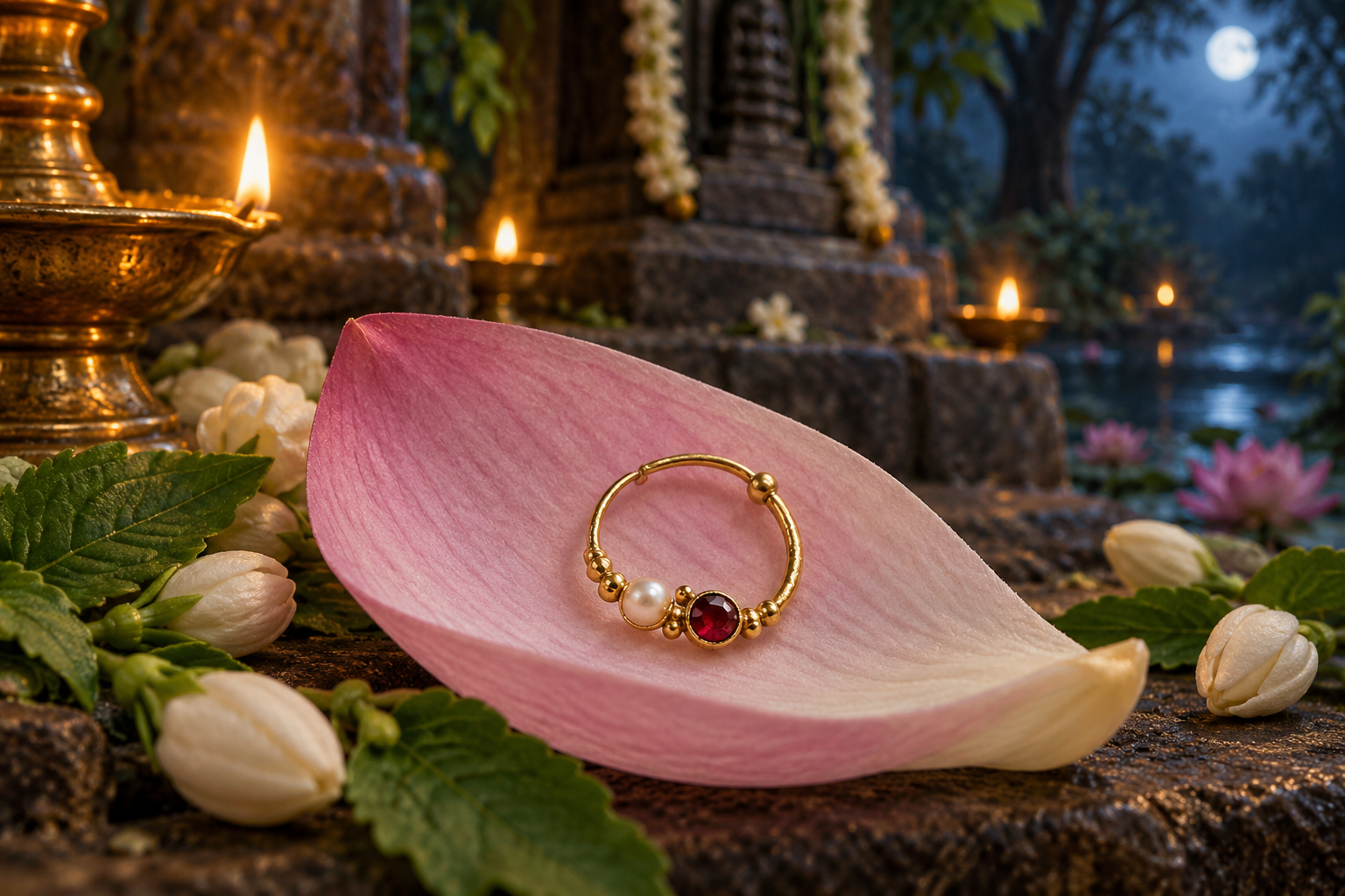 A small gold nose ring with a pearl and red gemstone rests on a pink lotus petal among jasmine buds, tulasi leaves, and oil lamps.