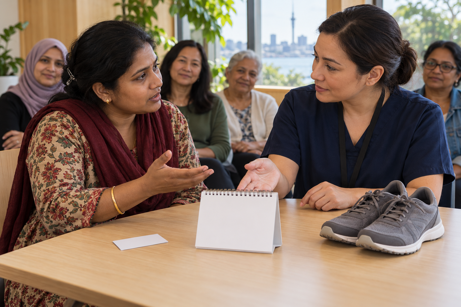 A seminar attendee asks a female health professional a question while other women listen nearby.