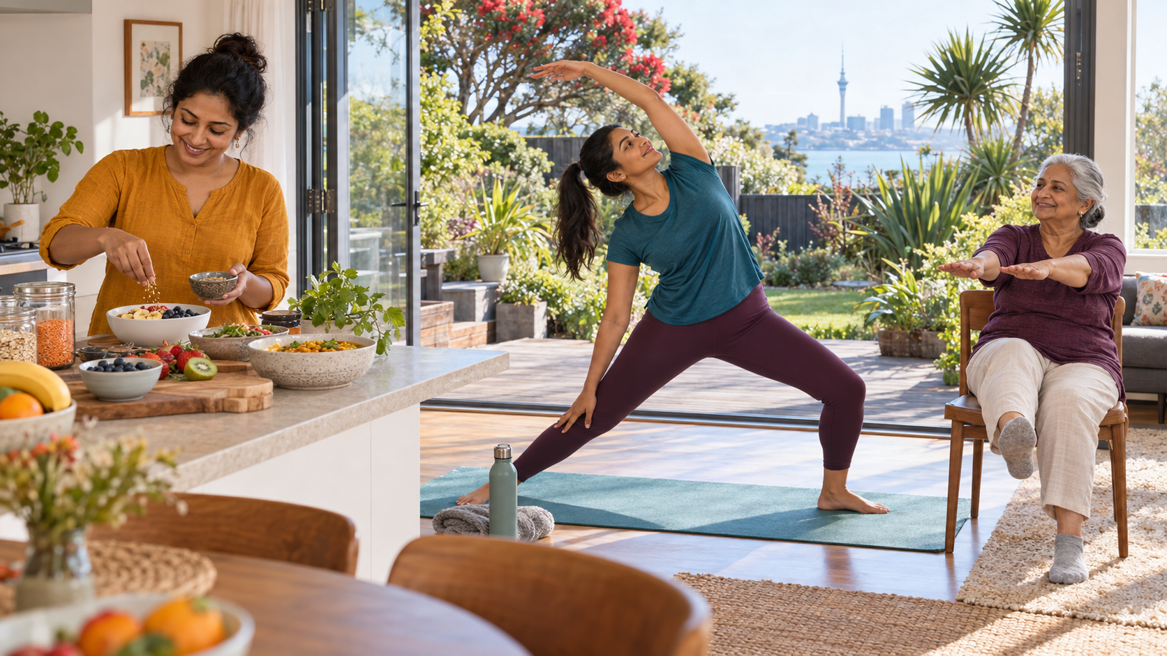 Three generations of women practice gentle movement and prepare a balanced breakfast in an Auckland home.
