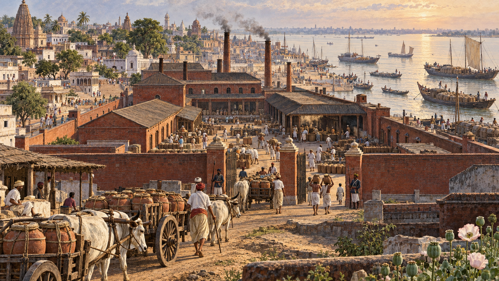 Historical illustration of workers, bullock carts, warehouses, and cargo boats surrounding a Company-era opium processing compound beside the Ganges at Patna.