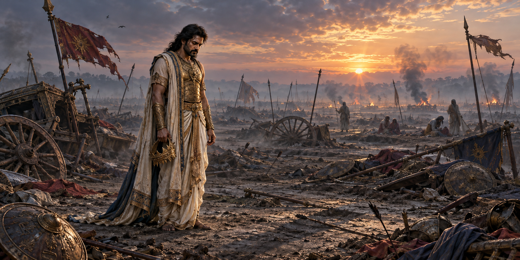 Yudhishthira stands with his crown lowered beside a devastated battlefield at dawn, surrounded by broken chariots, abandoned weapons, and distant funeral smoke.