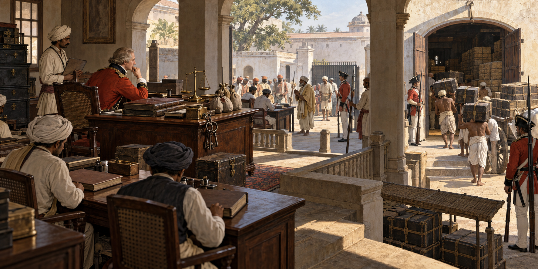 Cutaway illustration of a colonial administrative office connected to a guarded warehouse courtyard where clerks, revenue agents, guards, and porters manage the movement of opium.