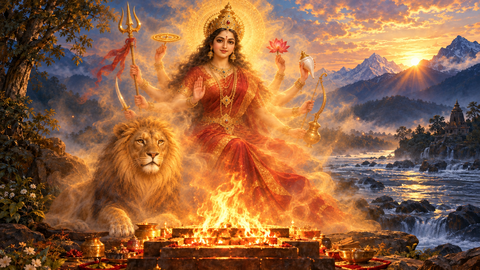 A many-armed Durga sits beside a golden lion as a sacred fire glows before a river and distant mountains at dawn.