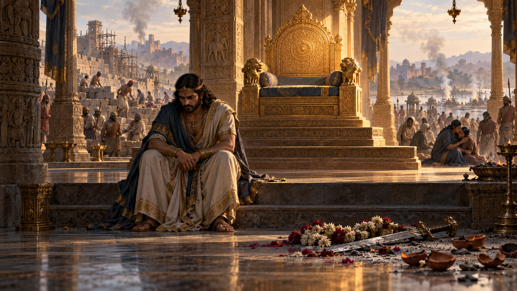 Yudhishthira sits below an empty palace throne while a fallen garland, an ash-covered sword, cracked lamps, mourners, and rebuilding workers surround him.