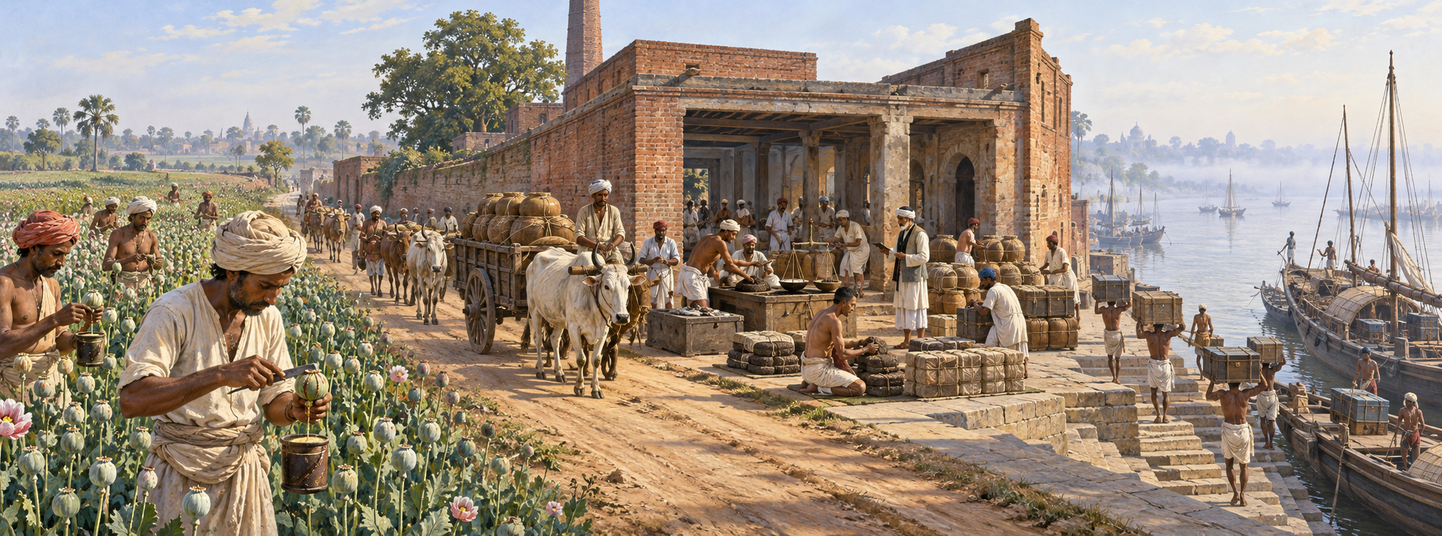 Panoramic illustration showing poppy harvesting in Bihar, transport to a Patna processing courtyard, and wooden cargo chests being loaded onto boats on the Ganges.