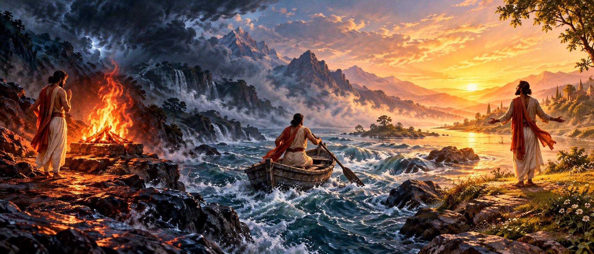 A devotee moves from a sacred fire through a turbulent river crossing toward a peaceful shore at sunrise.